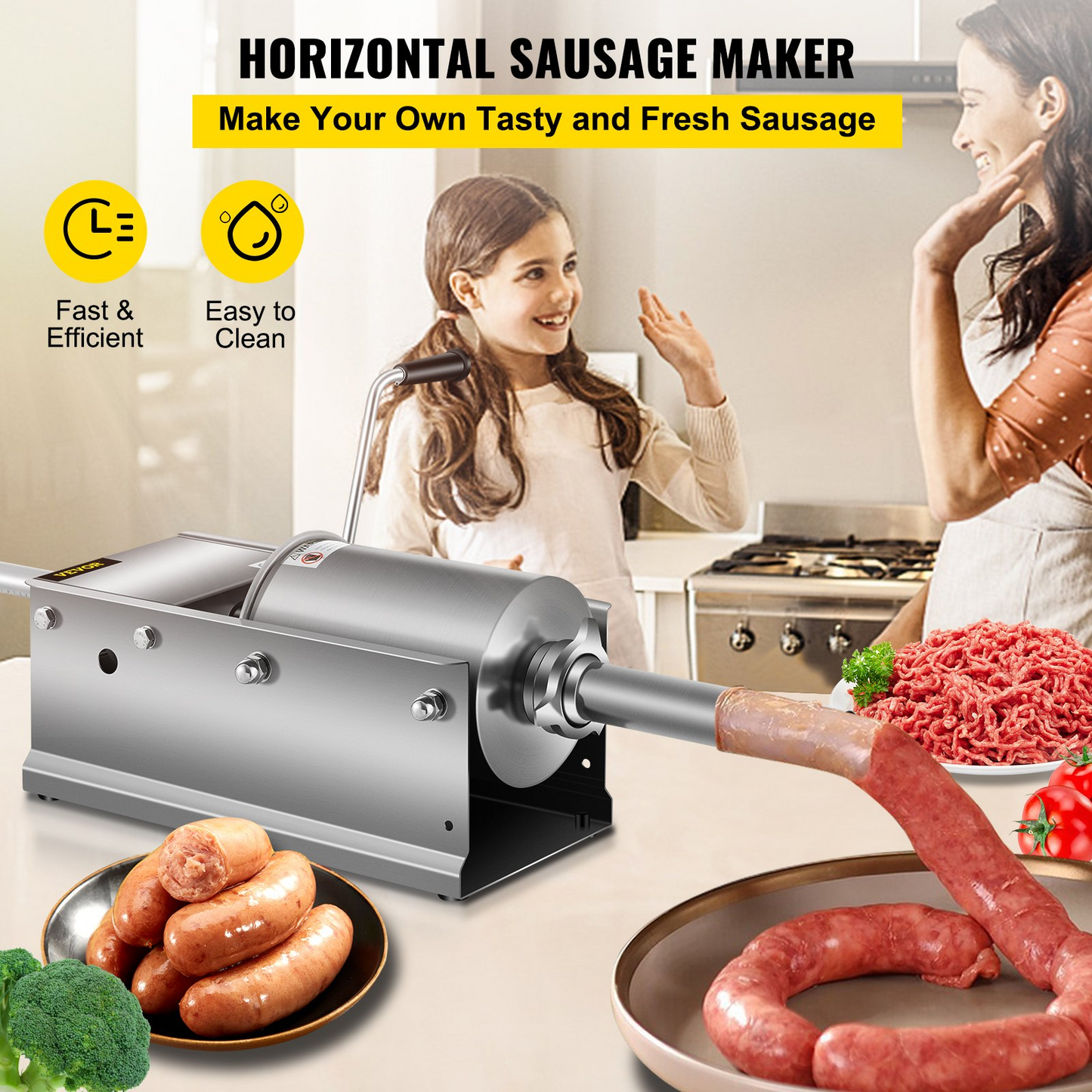 VEVOR Horizontal Sausage Stuffer 3L/ 7Lbs Manual Sausage Maker With 5 Filling Nozzles Sausage Stuffing Machine For Home & Commercial Use Stainless Steel