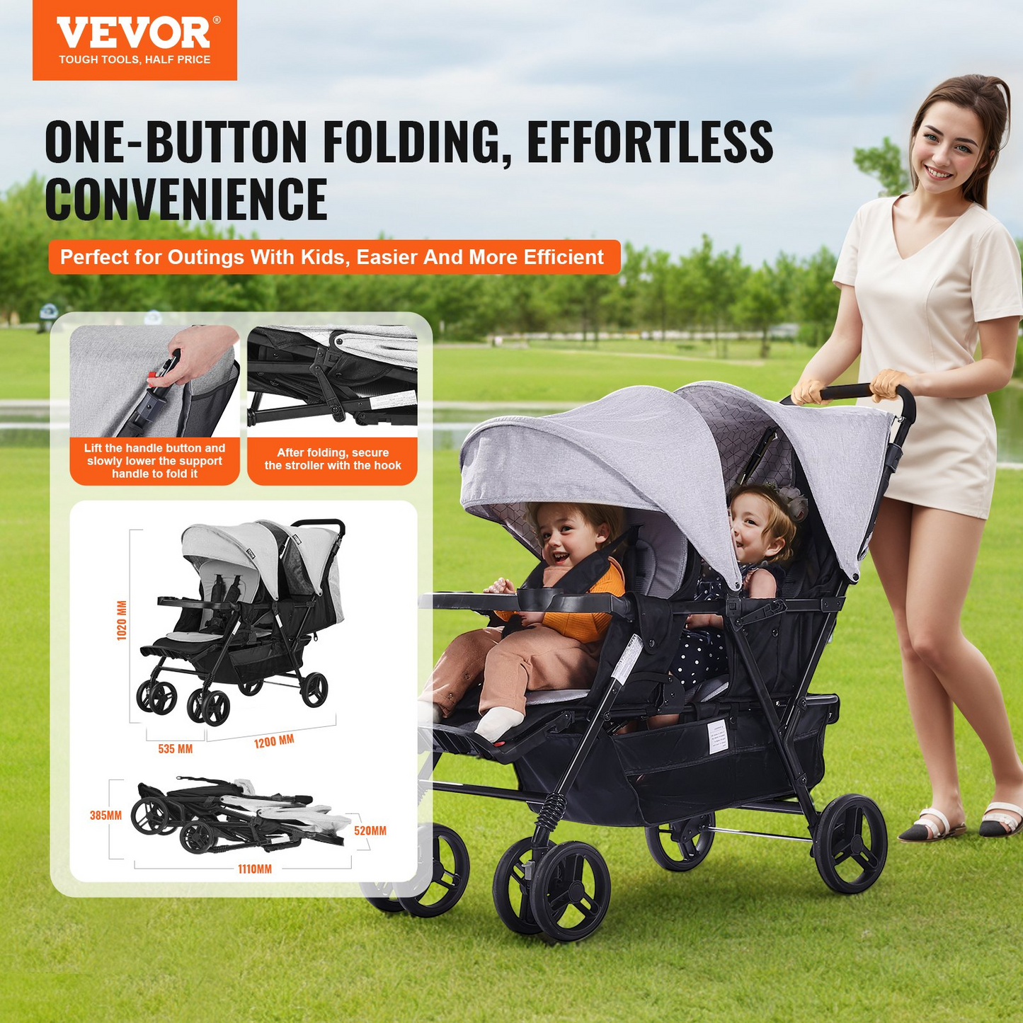 VEVOR Double Stroller Foldable Lightweight Twin Tandem Stroller Light Gray+Black