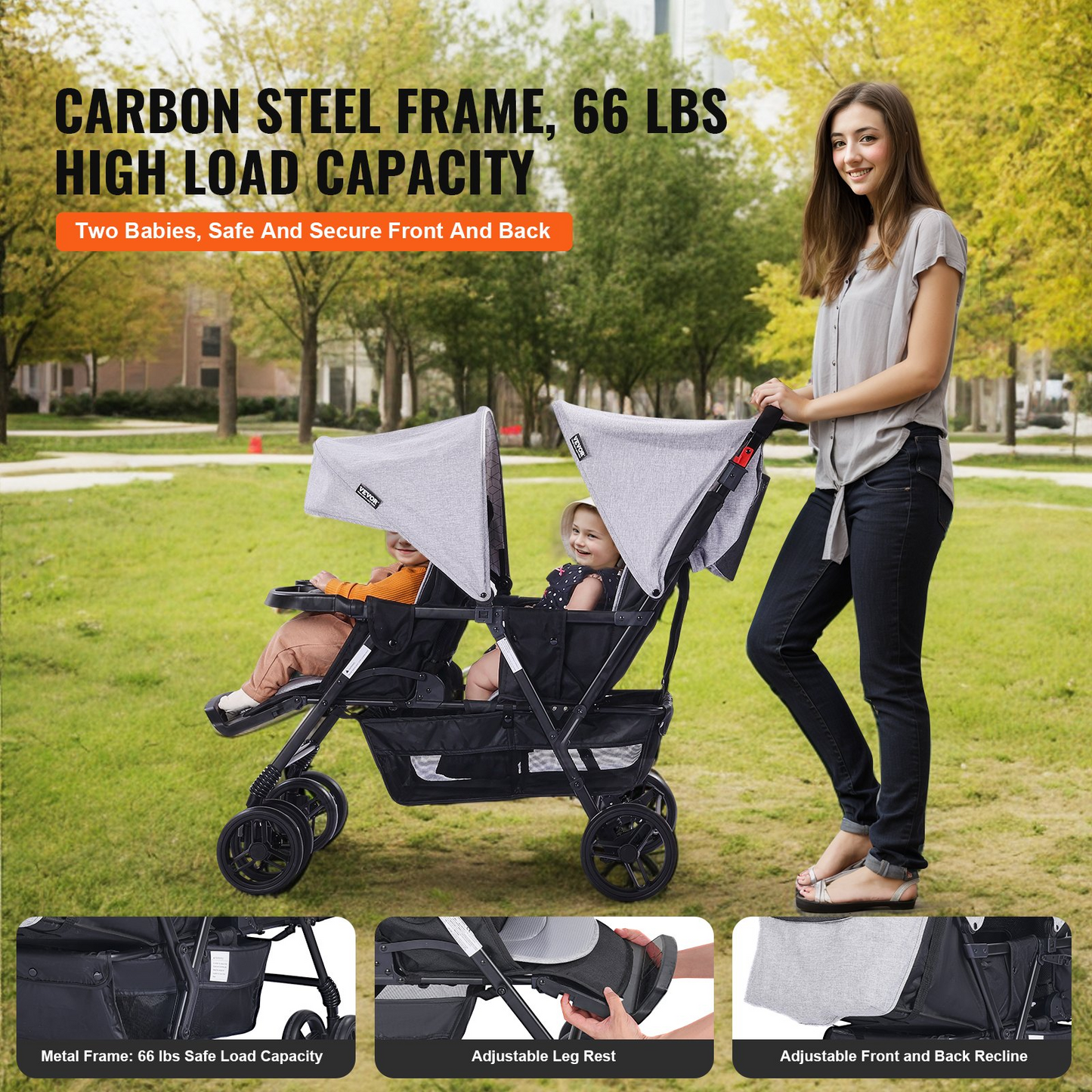 VEVOR Double Stroller Foldable Lightweight Twin Tandem Stroller Light Gray+Black