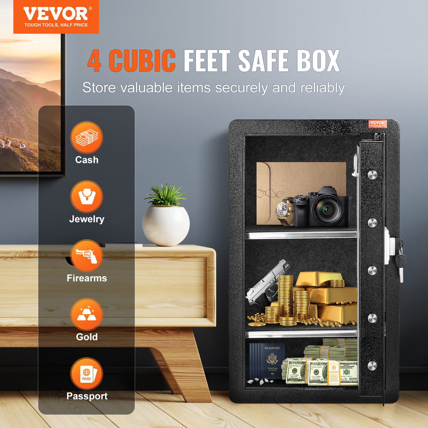 VEVOR Single Door 4.0 cu.ft Safe Box with Key Lock Password & Fingerprint Black