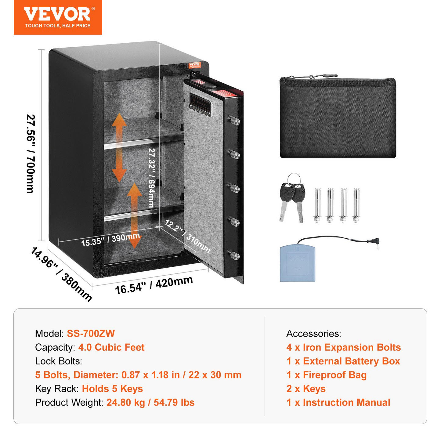 VEVOR Single Door 4.0 cu.ft Safe Box with Key Lock Password & Fingerprint Black