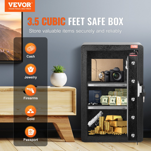 VEVOR Single Door 3.5 cu.ft Safe Box with Key Lock & Password LED Light Black