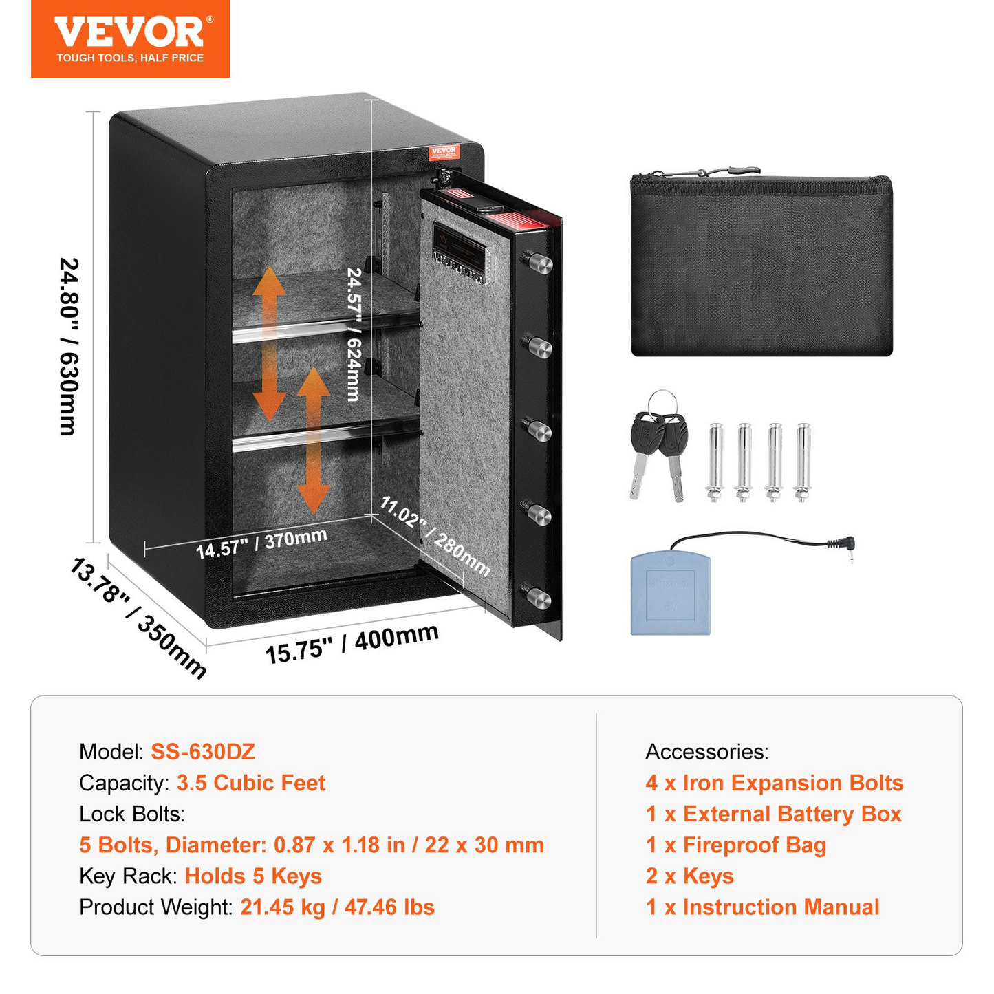 VEVOR Single Door 3.5 cu.ft Safe Box with Key Lock & Password LED Light Black