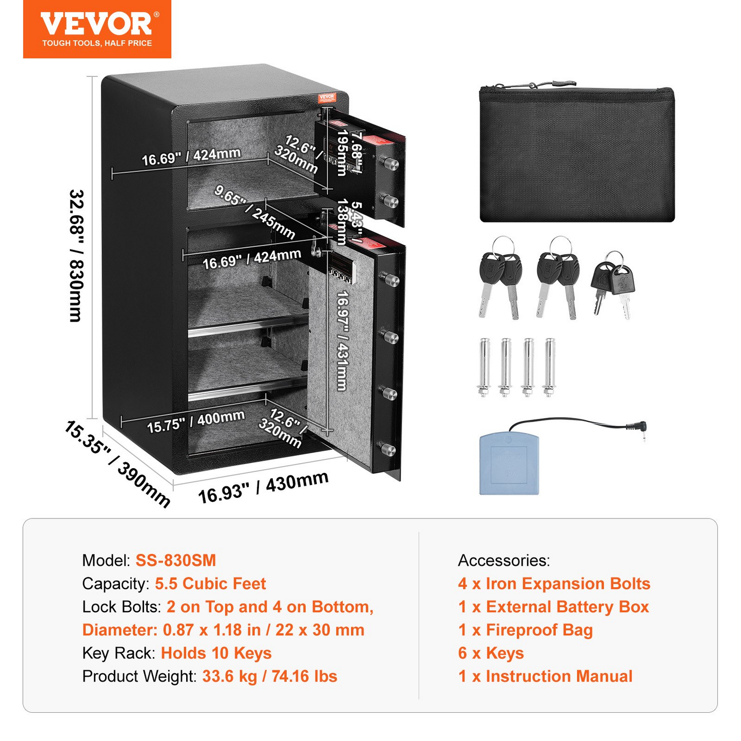 VEVOR Double Door 5.5 cu.ft Safe Box with Key Lock Password Cabinet Black