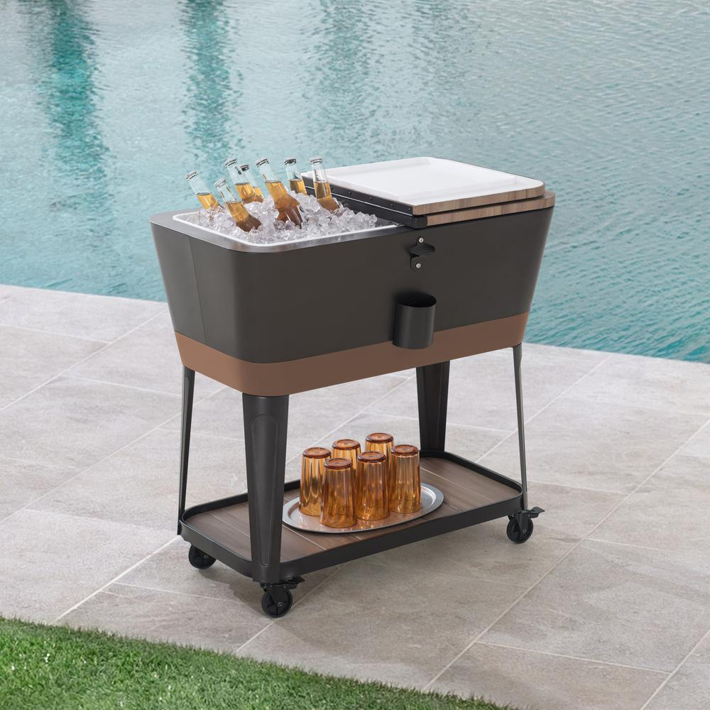 80-Quart Wood Grain Metal Rolling Ice Chest Cooler Cart with Storage Shelf