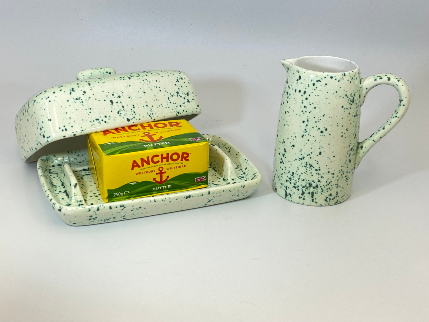 Butter Dish and Milk Jug Set Speckled Green Glaze