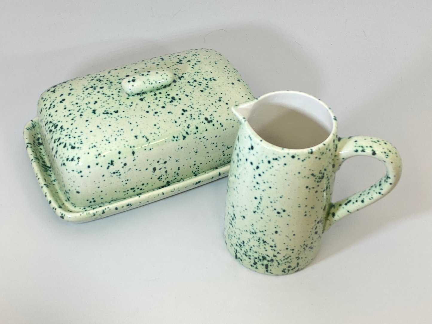 Butter Dish and Milk Jug Set Speckled Green Glaze