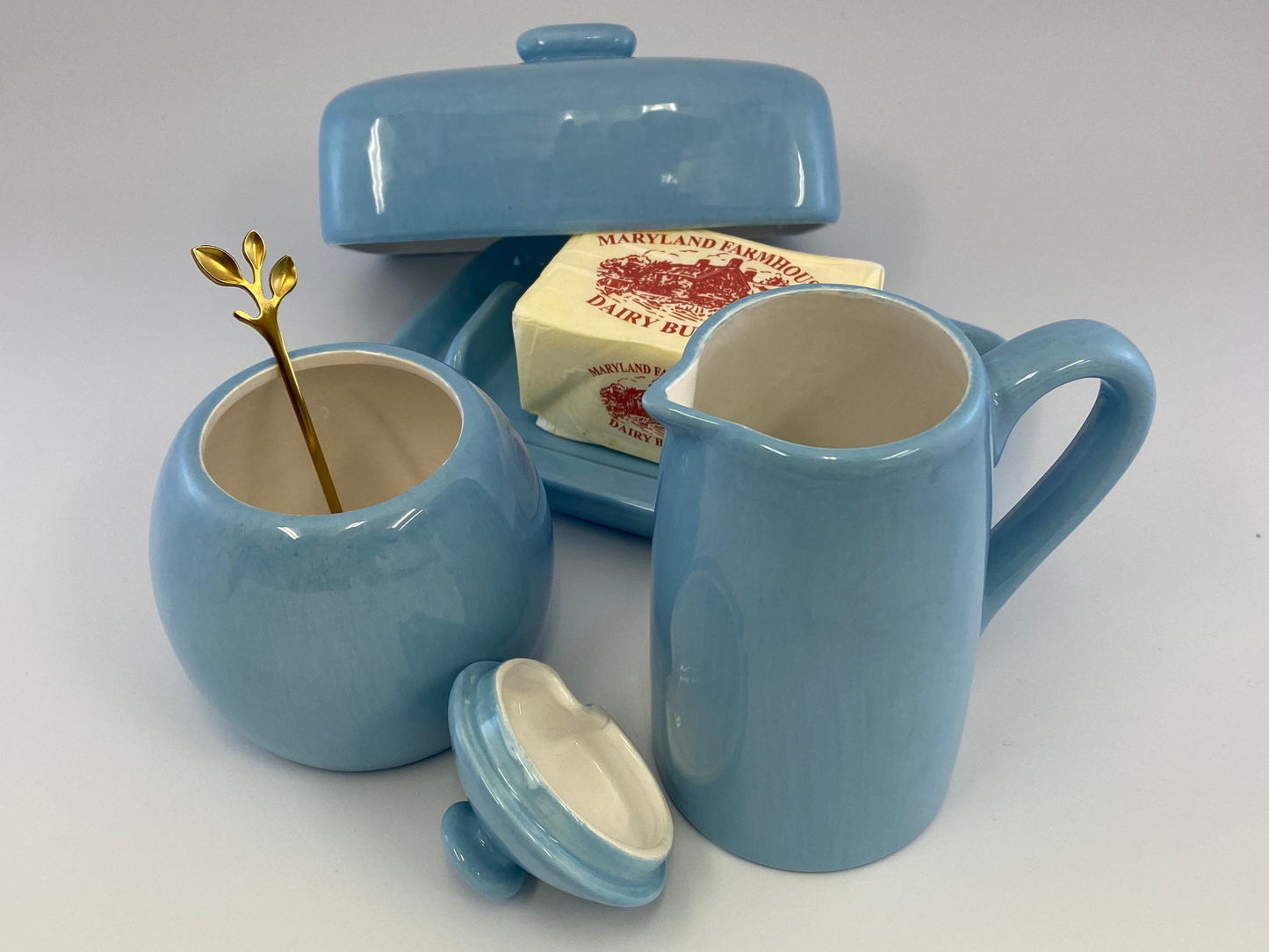 Butter Dish, Sugar Bowl and Cream Jug Set - Powder Blue