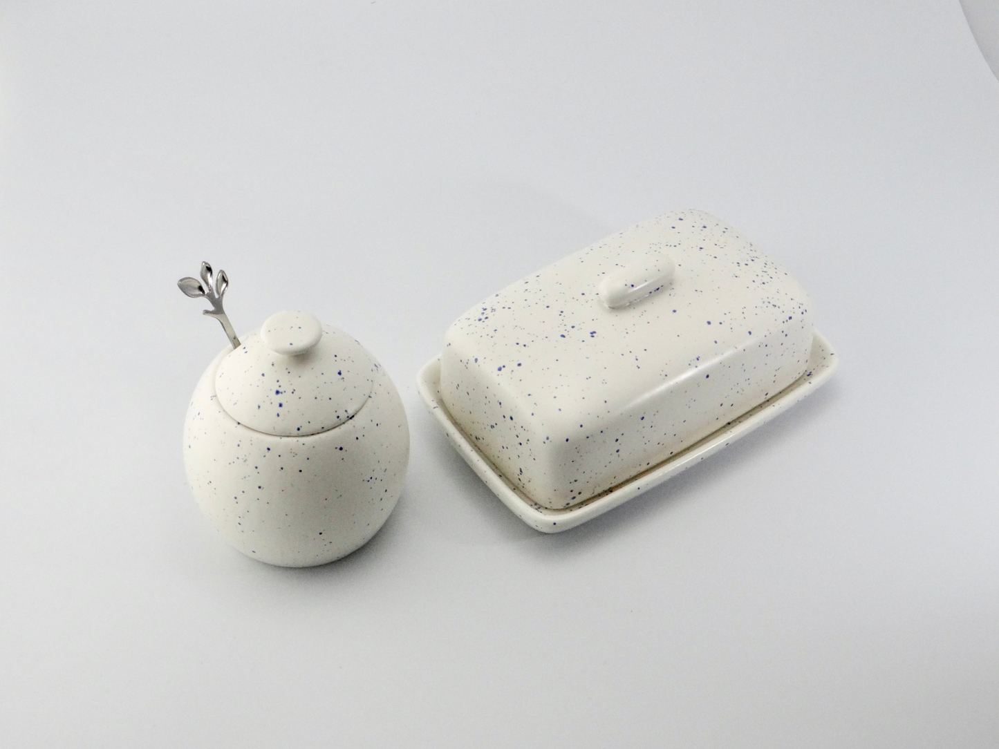 Butter Dish and Sugar Bowl Set - Light Blue Speckled Glaze