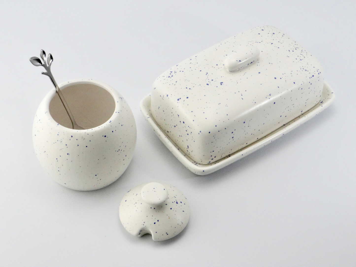 Butter Dish and Sugar Bowl Set - Light Blue Speckled Glaze