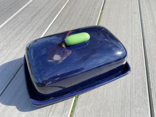 Butter Dish Dark Blue with Green Handle