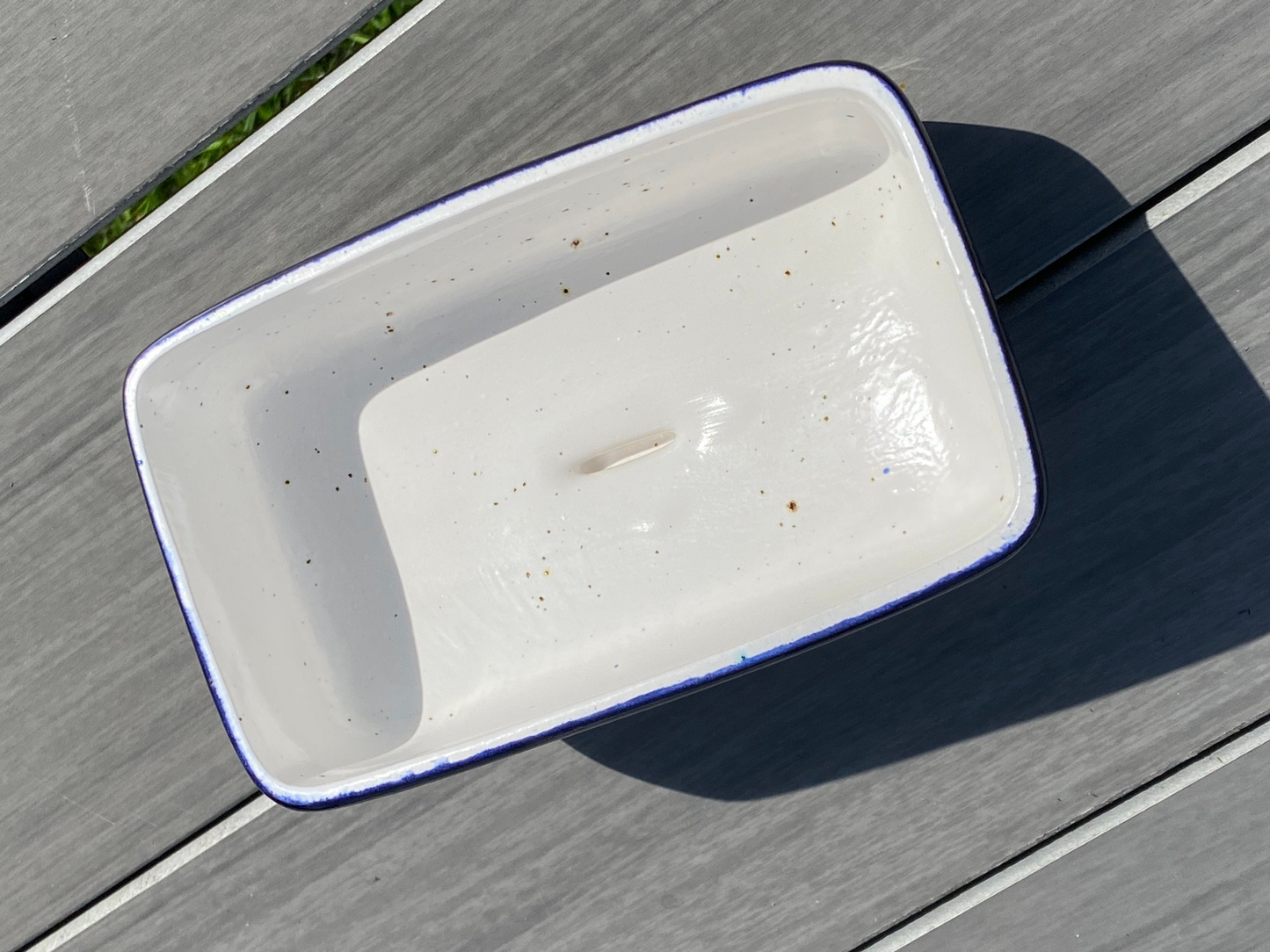 Butter Dish Dark Blue with Green Handle