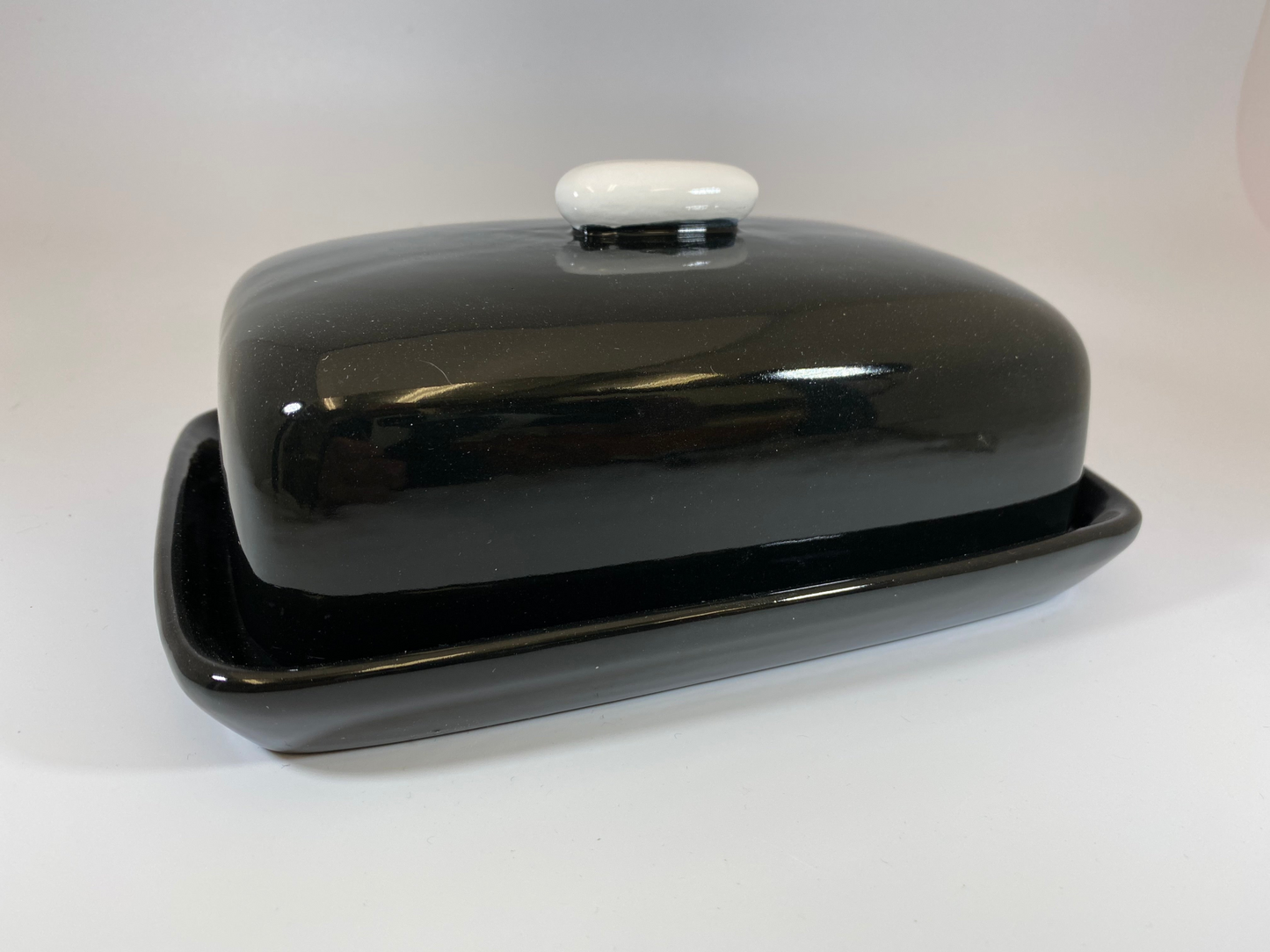 Butter Dish Jet Black Glaze with White Handle