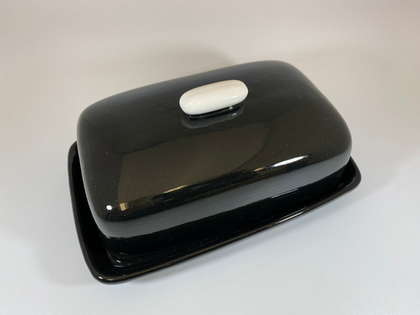 Butter Dish Jet Black Glaze with White Handle