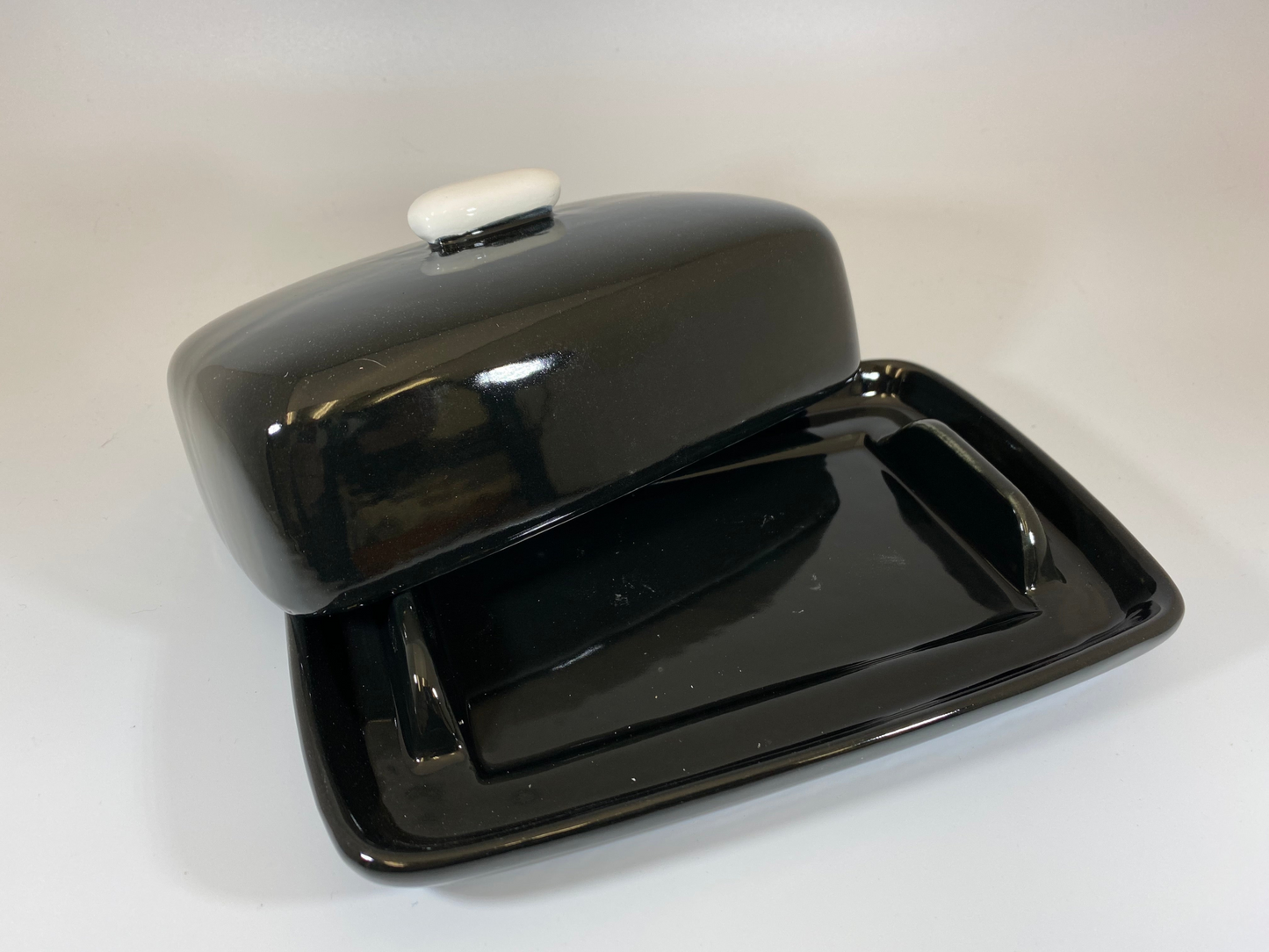 Butter Dish Jet Black Glaze with White Handle