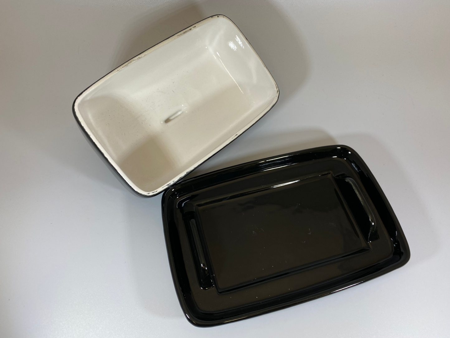 Butter Dish Jet Black Glaze with White Handle