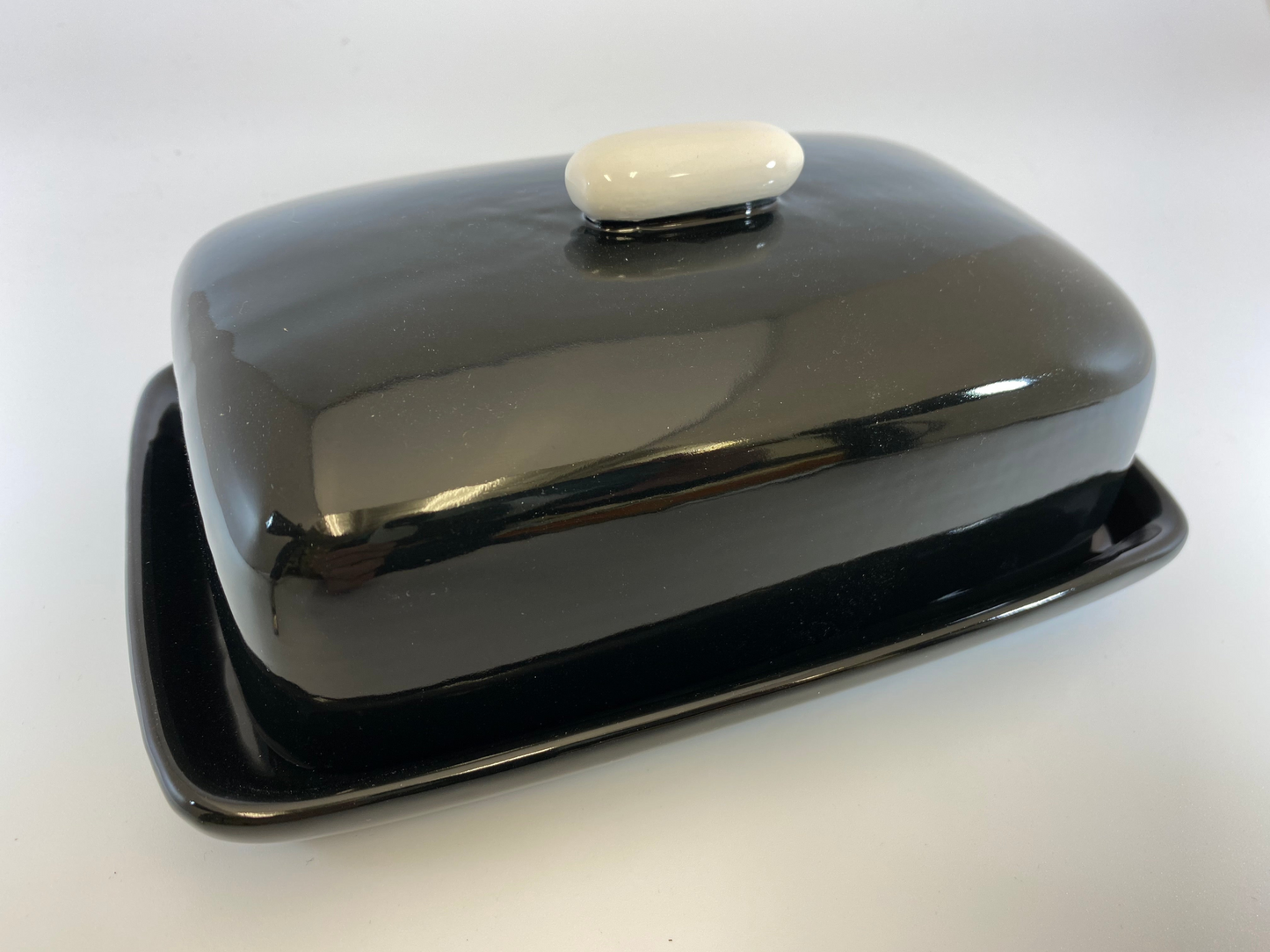 Butter Dish Jet Black Glaze with White Handle