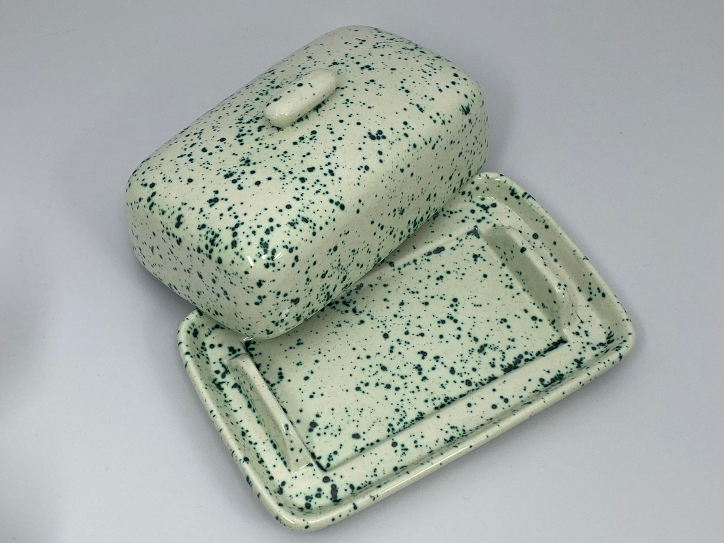 Butter Dish, Sugar Bowl, Milk Jug Set Speckled Green Glaze