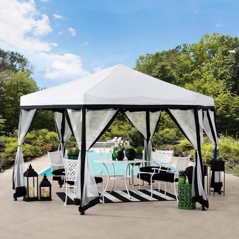 Sunjoy 11 ft. x 11 ft. White and Black 2-tone Pop Up Portable Hexagon Steel Gazebo