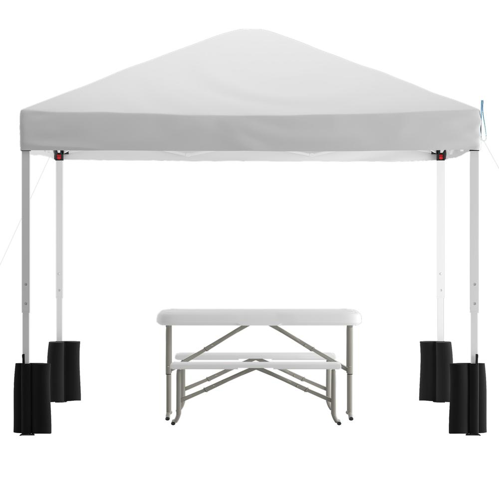 10'x10' White Event Canopy Tent with Wheeled Case and Folding Bench Set