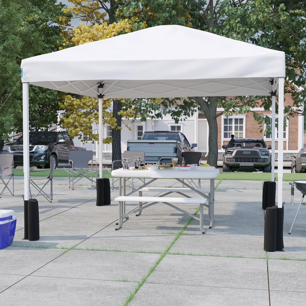 10'x10' White Event Canopy Tent with Wheeled Case and Folding Bench Set