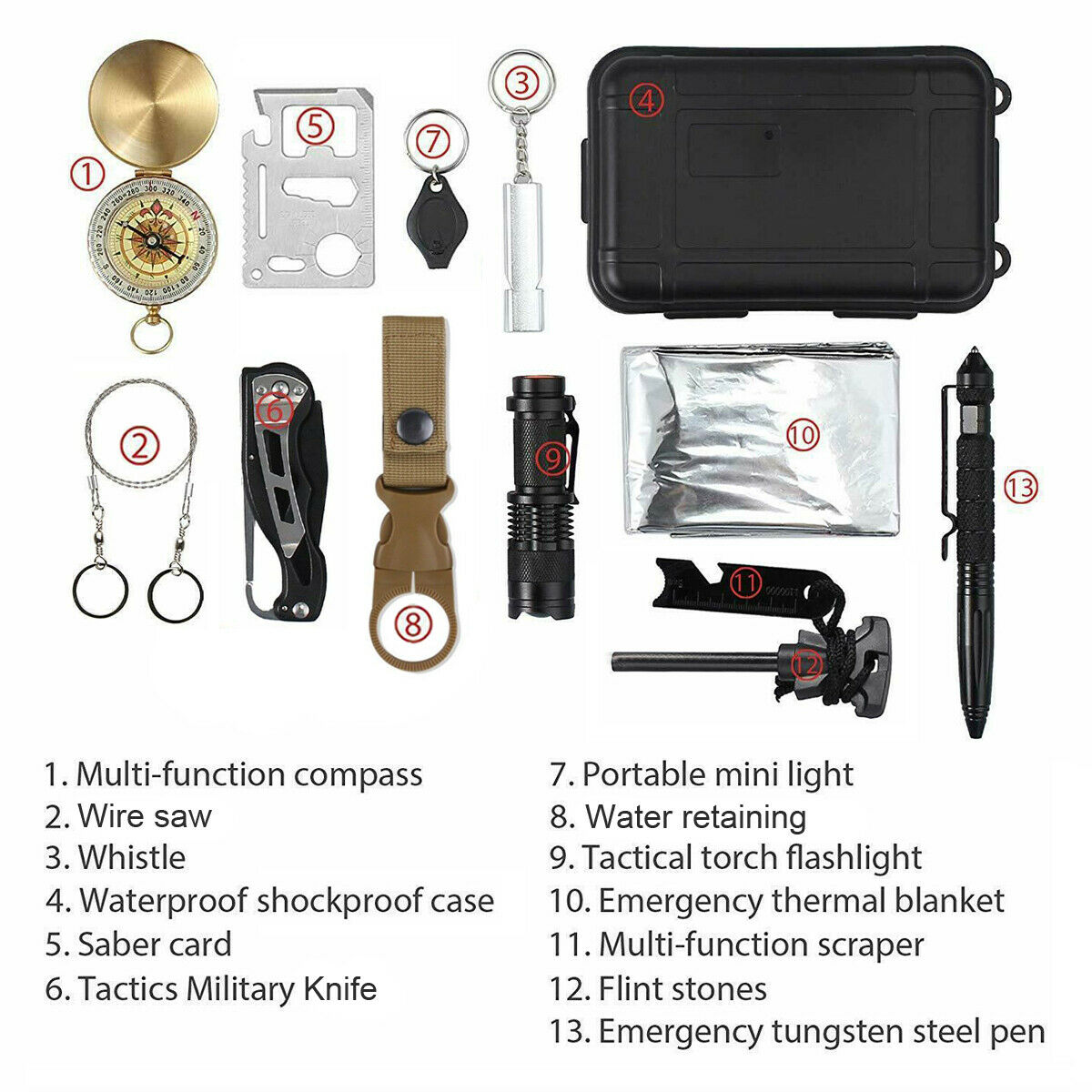 14 in 1 Outdoor Emergency Survival And Safety Gear Kit Camping Tactical Tools SOS EDC Case